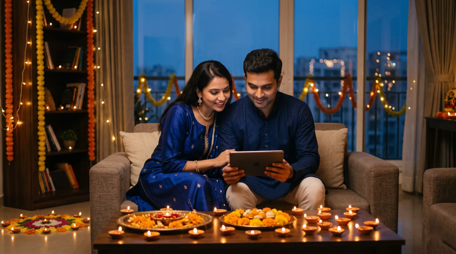 A couple at home on Diwali evening comparing loan offers together on a tablet